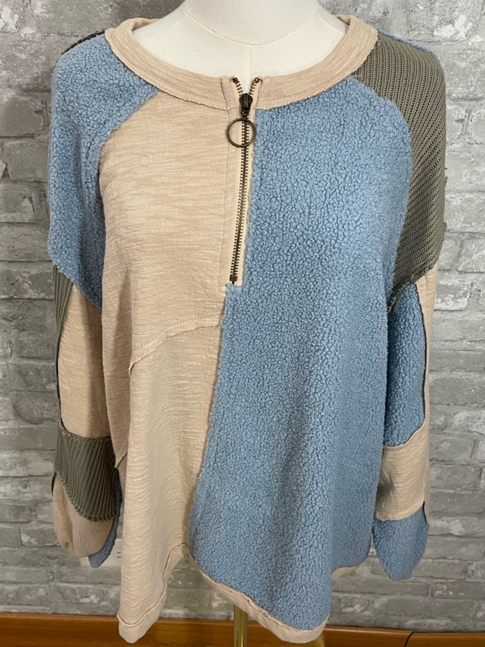 POL COLOR BLOCK HALF ZIP DROPPED SHOULDER SWEATSHIRT - Picture 2 of 8